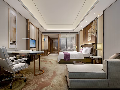 Modern Hotel Room Interior With Comfortable Bed Desk Sofa And Decorative Paintings 3d model
