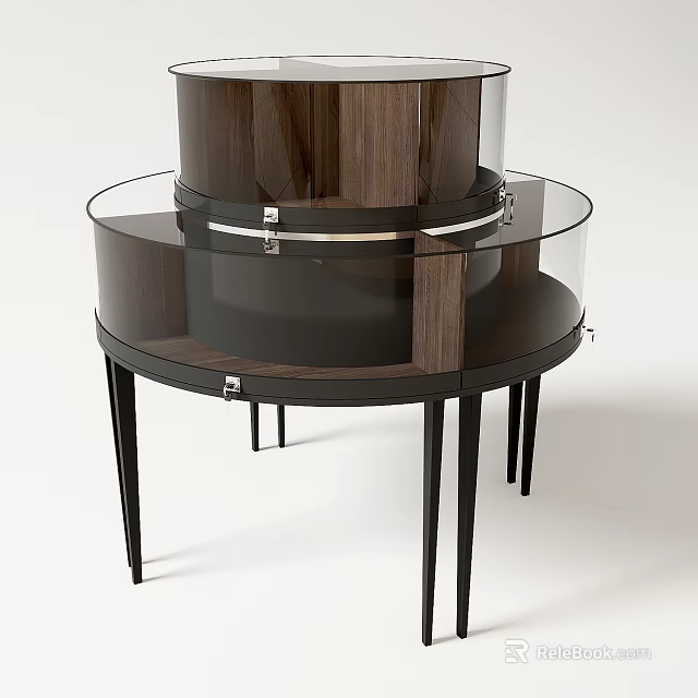 Wooden And Glass Circular Display Shelf With Black Metal Legs And Multiple Layers 3d model 
