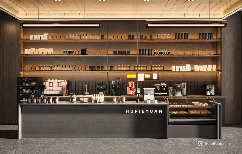 HUPLEYUAN Bar Counter Interior With Shelves Cups Coffee Machines And Pastry 3d model 