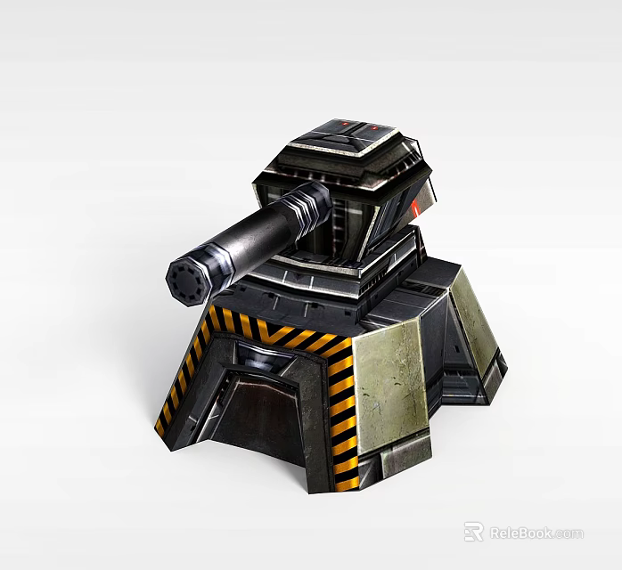 Mechanical Tower Featuring Cannon Metallic Structure And Yellow Black Stripes 3d model