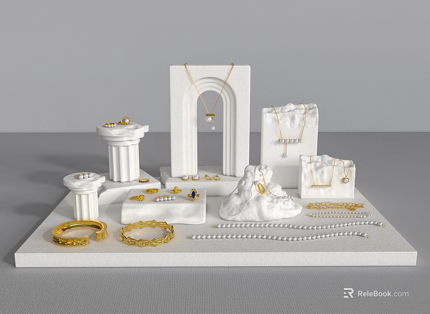 Elegant Golden Pearl Jewelry Display With White Stand Pillar And Arch Racks 3d model 