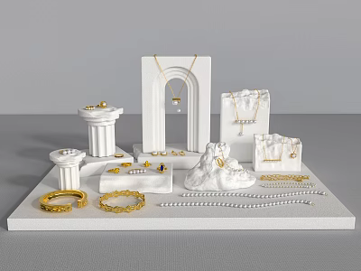Elegant Golden Pearl Jewelry Display With White Stand Pillar And Arch Racks 3d model