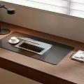 Modern Wooden Office Desk With Laptop Coffee Cup Notebook Pen And Desk Lamp