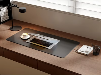 Modern Wooden Office Desk With Laptop Coffee Cup Notebook Pen And Desk Lamp 3d model