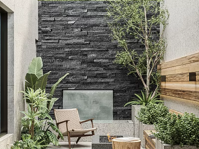 Tranquil Garden Retreat With Black Stone Wall Lush Plants Wooden Chair And Water Feature 3d model