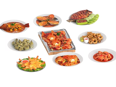 Assorted Delicious Seafood Dishes With Grilled Fish Fried Shrimp Squid Rings And Clams 3d model