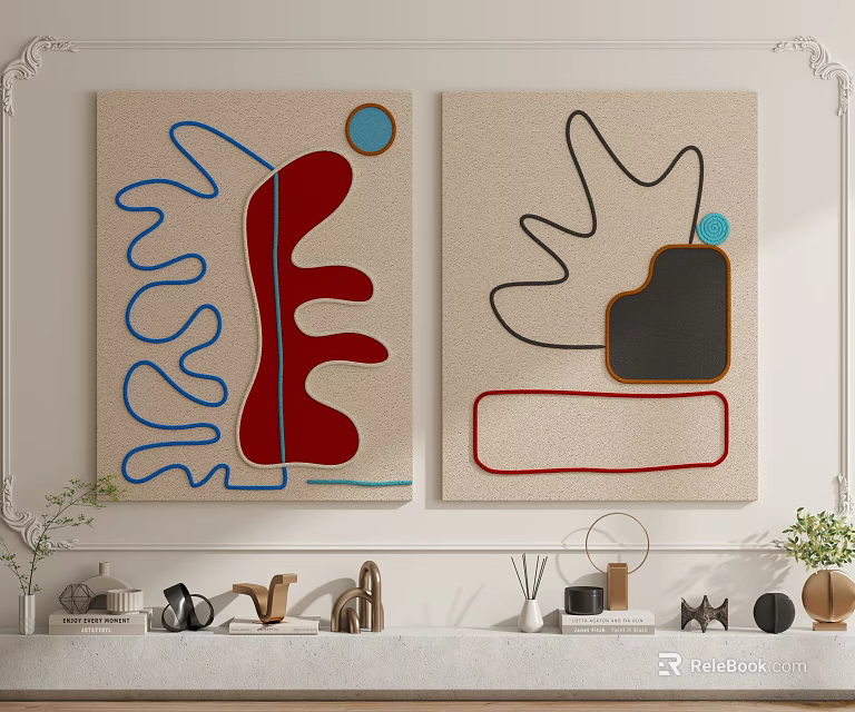 Two Abstract Paintings With Blue Red Black Curved Lines On Beige Background Wall Art 3d model 