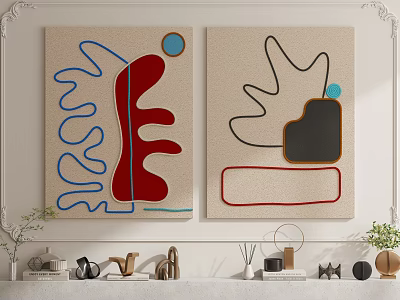 Two Abstract Paintings With Blue Red Black Curved Lines On Beige Background Wall Art 3d model
