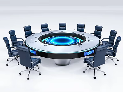 Modern Round Conference Table With Illuminated Blue Center And Blue Office Chairs 3d model