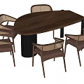 Modern Dining Table Set With Walnut Top And Rattan Backrest Chairs
