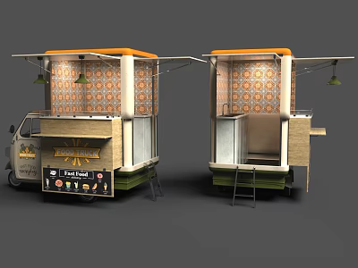 Modern Double Fast Food Carts With Orange Canopy Patterned Walls And Seating 3d model