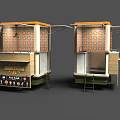 Modern Double Fast Food Carts With Orange Canopy Patterned Walls And Seating 3d model