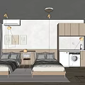 Modern Minimalist Hotel Guest Room With Twin Beds Wooden Cabinets Kitchenette And Decorative Paintings