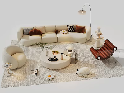 Modern Cream Sofa and Round Coffee Table Set with Cushions Accent Chair and Decorative Items 3d model