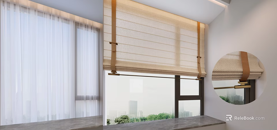 Beige Roman Blind With Textured Linen Fabric Tiebacks On Window In Modern Interior Greenery View 3d model 