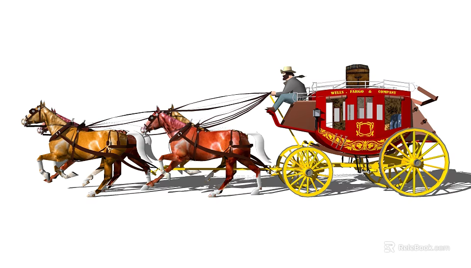 Red Horse Drawn Mail Coach with Yellow Wheels Pulled by Two Brown Horses Carrying Driver 3d model 