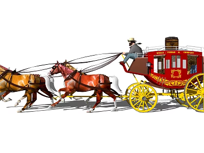 Red Horse Drawn Mail Coach with Yellow Wheels Pulled by Two Brown Horses Carrying Driver 3d model