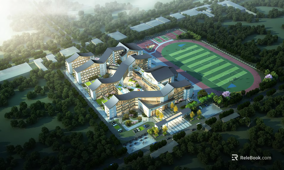 Spacious School Campus Buildings With Green Trees Sports Field And Open Areas 3d model 