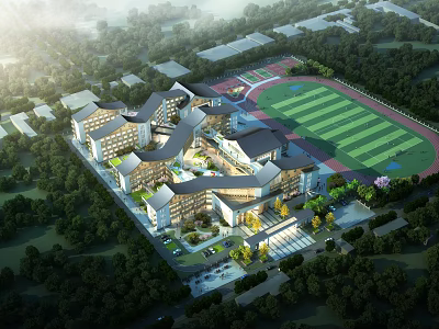 Spacious School Campus Buildings With Green Trees Sports Field And Open Areas 3d model
