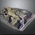3D Terrain Model of Mine Quarry Featuring Rock Layers Vegetation Roads And Mining Traces