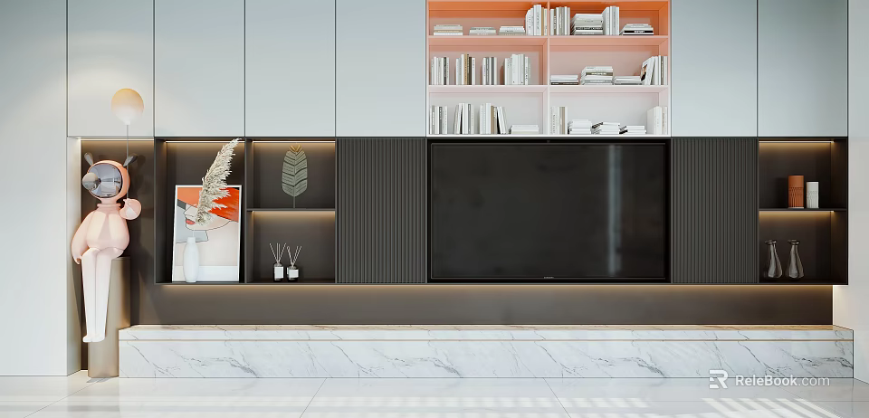 Modern TV Stand Design With Storage Shelves Decor Items And Ambient Lighting 3d model 