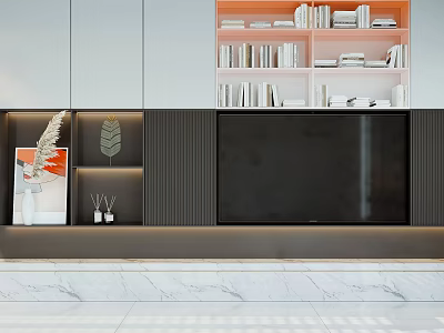 Modern TV Stand Design With Storage Shelves Decor Items And Ambient Lighting 3d model