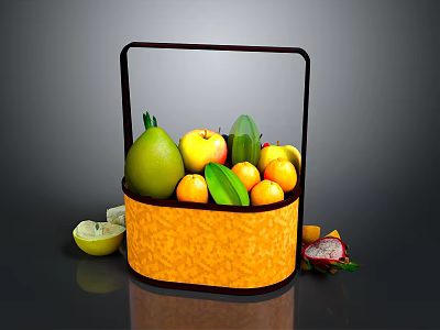 Fresh Fruits in Orange Woven Basket with Pears Apples Oranges Lemon Slices and Dragon Fruit 3d model