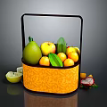 Fresh Fruits in Orange Woven Basket with Pears Apples Oranges Lemon Slices and Dragon Fruit