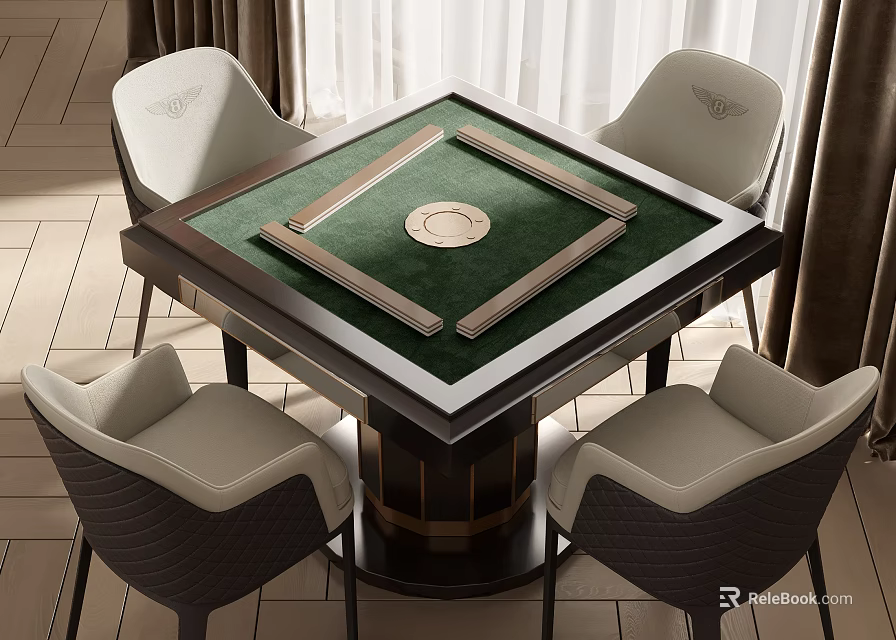 Elegant Entertainment Table with Green Surface and Circular Center Surrounded by Four Leather Chairs 3d model 