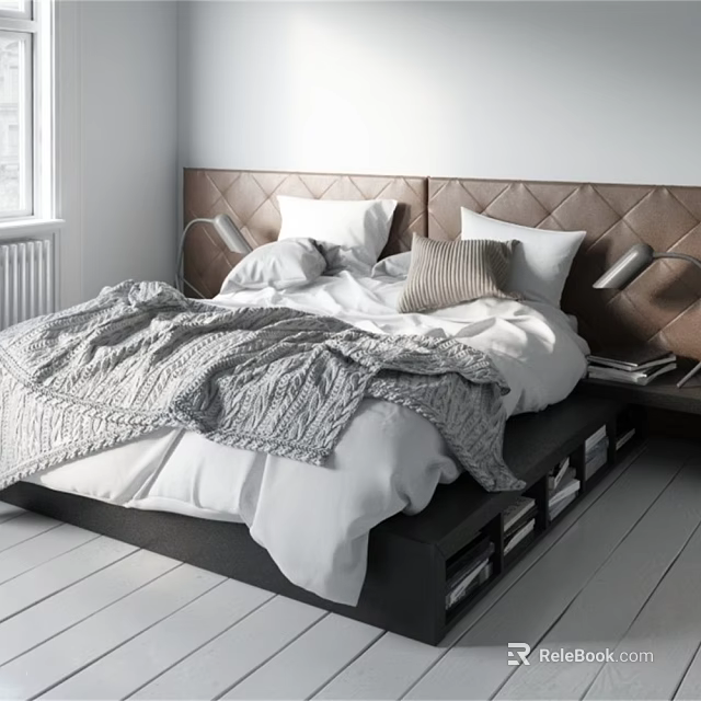 Modern Bedroom Bedding With Quilted Headboard White Sheets And Gray Knit Blanket 3d model 