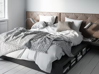 Modern Bedroom Bedding With Quilted Headboard White Sheets And Gray Knit Blanket 3d model