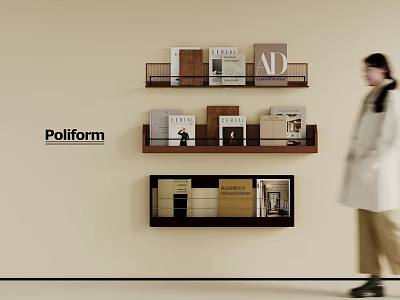 Poliform Minimalist Wall Shelves Displaying AD ELLE Magazines On Beige Wall 3d model