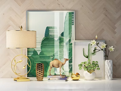 Elegant Modern Decorative Ornament Set with Table Lamp Camel Figurine Cactus Plant White Flower Vase 3d model