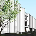 Modern Sales Office Building With Glass Facade And Portico Entrance Surrounded By Tall Buildings