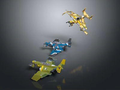 Three Multicolored Toy Airplane Models With Intricate Designs And Mechanical Details 3d model
