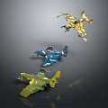Three Multicolored Toy Airplane Models With Intricate Designs And Mechanical Details