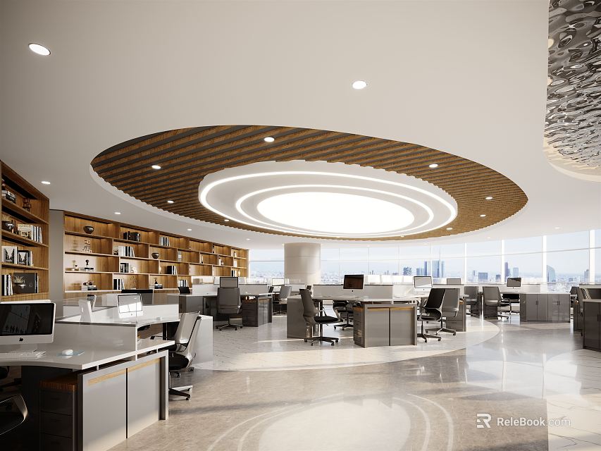 Modern Open Public Office Space Interior With Circular Wooden Ceiling And Work Desks 3d model 