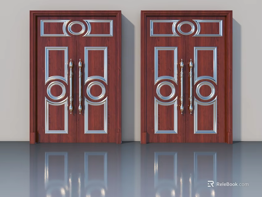 Elegant Wooden Swing Doors With Silver Decorative Patterns And Symmetric Design 3d model 