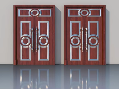 Elegant Wooden Swing Doors With Silver Decorative Patterns And Symmetric Design 3d model