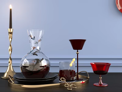 Living Essentials on Black Tray with Transparent Butterfly Vase Red Goblet and Gold Candle Holder 3d model