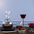 Living Essentials on Black Tray with Transparent Butterfly Vase Red Goblet and Gold Candle Holder