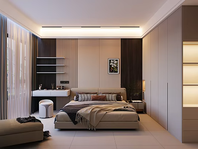 Modern Bedroom Interior Design With Bed Nightstand Lamp And Decorative Artwork 3d model