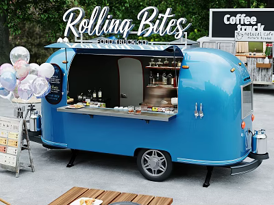 Blue Rolling Bites Mobile Food Truck With Food Drinks Display Window And Balloons 3d model