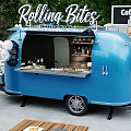 Blue Rolling Bites Mobile Food Truck With Food Drinks Display Window And Balloons