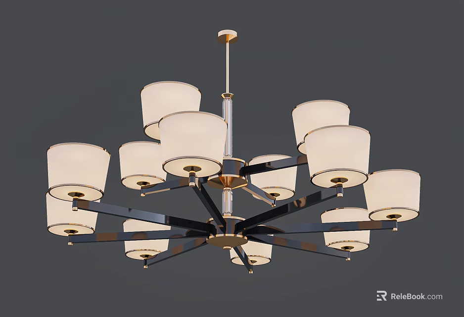 Modern Chandelier With White Fabric Shades And Gold Black Metal Frame 3d model 