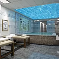 Luxurious SPA Sauna Interior Design With Marble Tiles Relaxing Pool And Colorful Mural