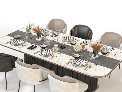 Modern Dining Table Set With Marble Tabletop Black And Beige Chairs Tableware And Decorative Vases 3d model