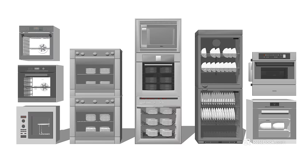 Various Modern Kitchen Appliances Including Ovens Microwaves And Sterilizers 3d model