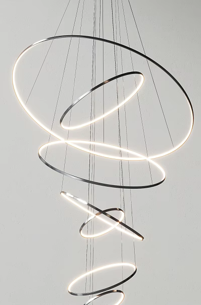 Modern Illuminated Chandelier Design With Hanging Circular Metallic Rings And LED Lights 3d model