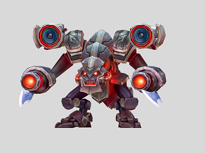 Robotic Warrior Character With Mechanical Arms Glowing Red Eyes And Blades 3d model